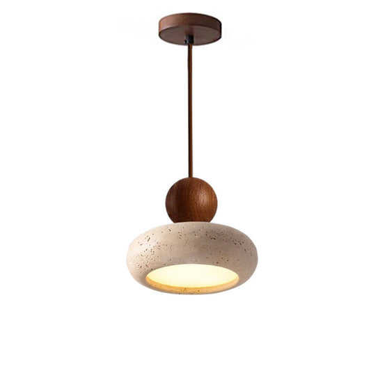 Walnut wood and travertine pendant light with warm glow