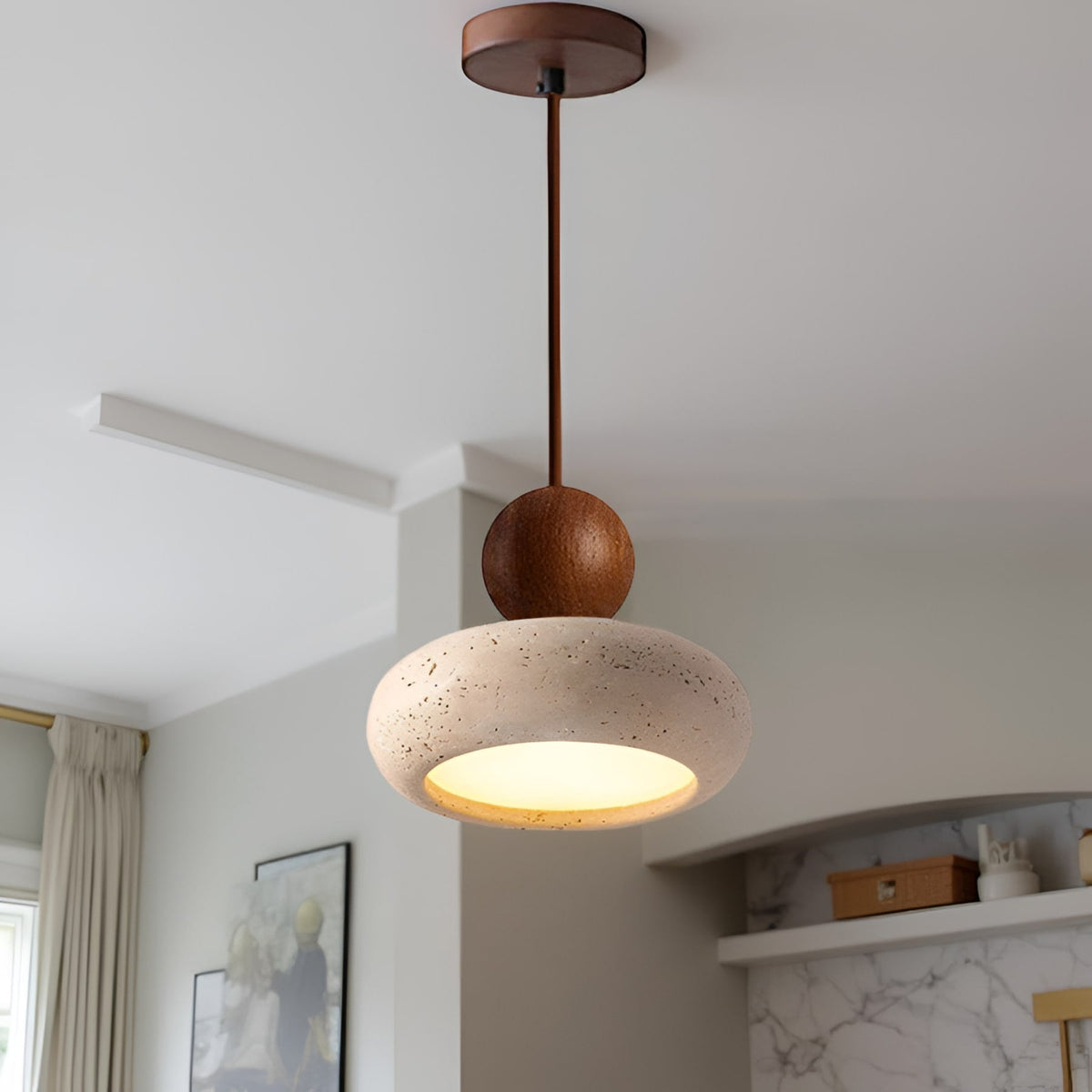 Walnut and travertine pendant with ceiling canopy