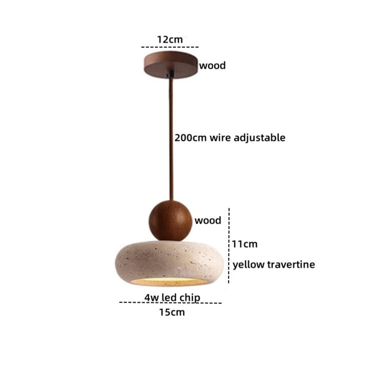 Wood and travertine pendant dimensions with 200cm adjustable cord