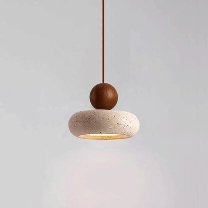 Walnut wood ball above rounded travertine pendant shade
