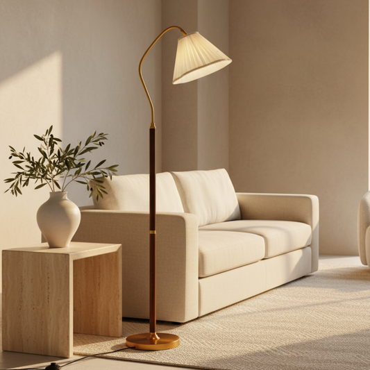 Wooden floor lamp with pleated fabric shade in Japanese style