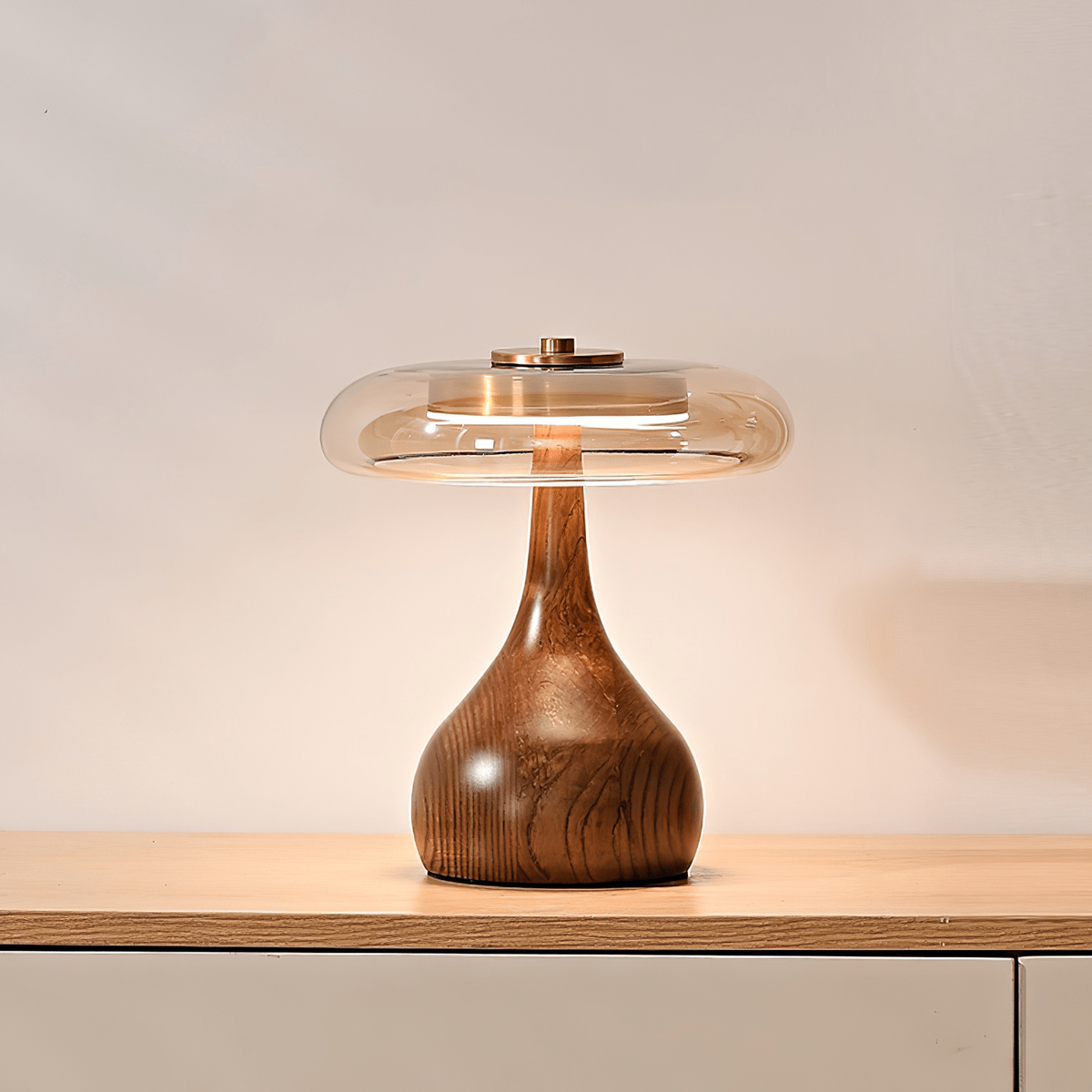 Wooden Table Lamp with Amber Glass Disc Shade