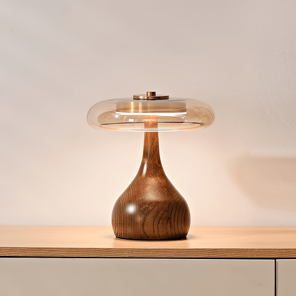 Wooden Table Lamp with Amber Glass Disc Shade