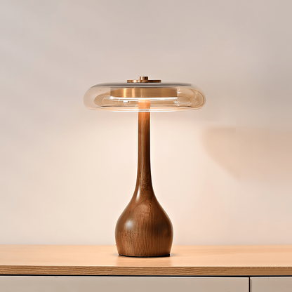 Wooden Table Lamp with Amber Glass Disc Shade