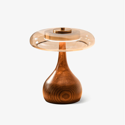 Wooden Table Lamp with Amber Glass Disc Shade