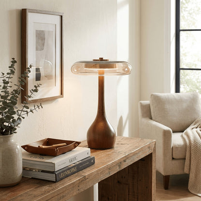 Wooden Table Lamp with Amber Glass Disc Shade
