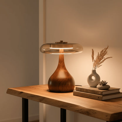 Wooden Table Lamp with Amber Glass Disc Shade