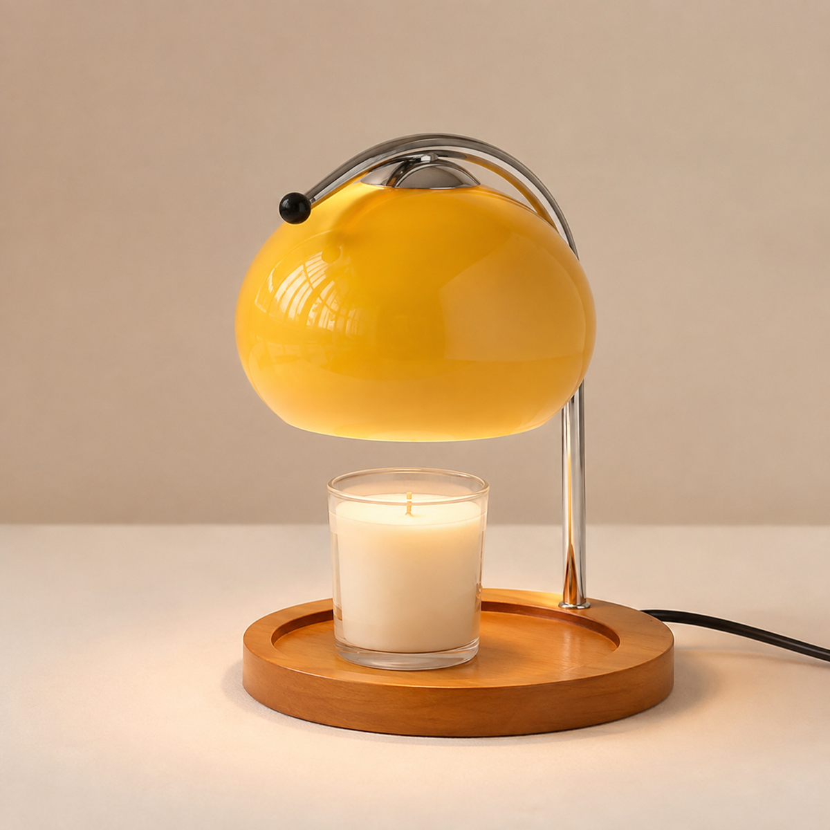 Yellow glass candle warmer lamp with solid wood base